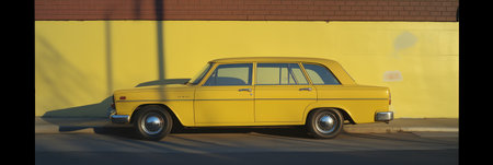 Empty van with open doors in front of a yellow wallの素材