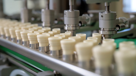 Detailed view of an empty assembly line for the production of plastic components. Horizontally. All potential trademarks are removed.の素材