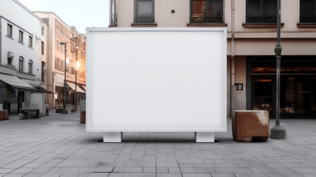 Blank white placard with mock up space fixed on fence on construction site. Urban street rebuilding and reconstruction.の素材