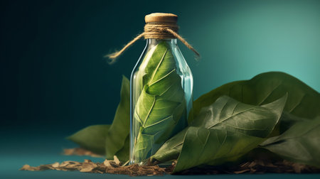 Green leaves next to an erlenmeyer flask with a green liquid in it.の素材