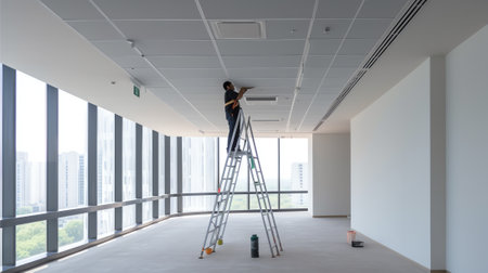 Stepladder in construction site inside apartment during repair works.の素材