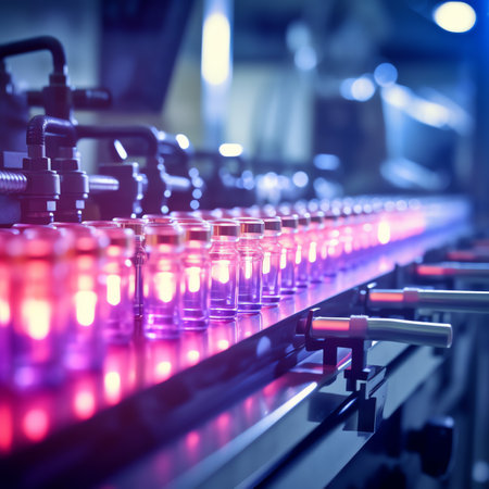 empty bottles on a cosmetic manufacturing assembly lineの素材