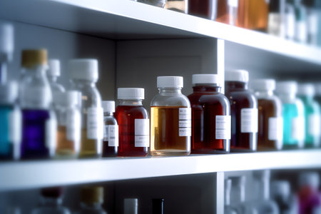 A row of chemicals in a bottle on the shelf, the picture is blurredの素材