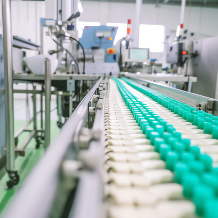 Beverage factory interior. Conveyor flowing with bottles for juice or water.の素材