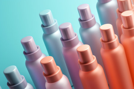 Glass transparent empty bottles in rows, cosmetics assembly lineの素材