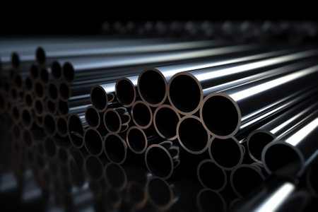 3d rendering of steel pipe product, row of shelf and concrete floor inside large warehouse building, factory or store for product display background of steel production industry anの素材