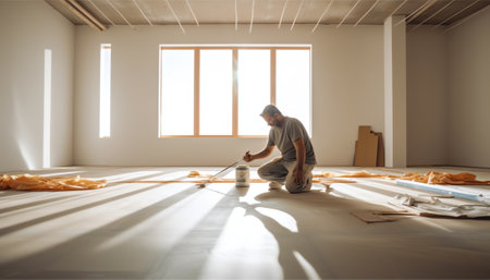 Close-up of adult man installing new laminated wooden floor in room. Professional worker in protective white gloves. Qualified foreman. Construction site conceptの素材