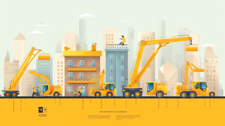 Facades of a multistory building under construction. Construction site, tools, wheel barrow, sand and bricks at new house building, cement mixer machine and accessoriesの素材
