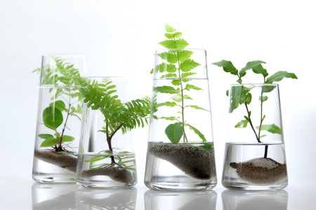 Laboratory glassware with plant sprouts. On an empty background. Isolated. PNG. Greens, sprouts, research, bio engineering, study, cultivation.の素材