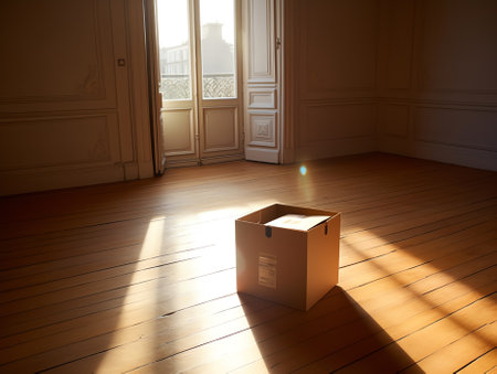 View from above of empty cardboard package on parquet wooden floorの素材