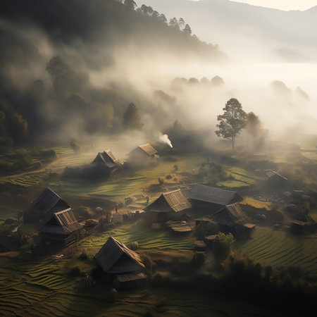 Foggy morning landscape in asiaの素材
