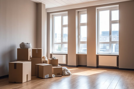 Nobody in living room flat full of cardboard carton boxes with home furniture and things, stacks of moving cargo storage. No people in empty apartment space with shipping containerの素材