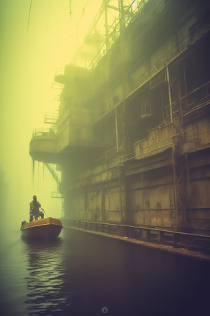 Mystical landscape of a sawmill construction crane against the background of morning fog. Pollution and smog on the construction site. Concept of abandoned manufactured factory.の素材