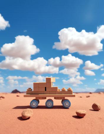 Empty reclamation and compact land and dump truck carrying red soil on construction site with blue sky. Land plot for sales and real estate development project concept background.の素材