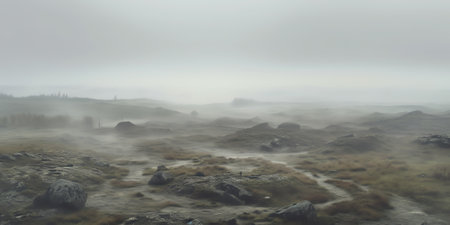 Rain and mist surrounding an open cut mine soften the look of the harsh desolate landscape.の素材