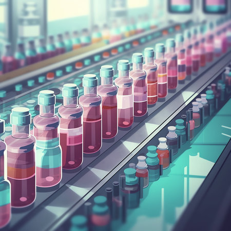 Automatic line for filling and labeling drugs. The mechanism for filling plastic bottles.の素材