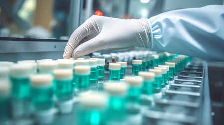 Medical concept, Pharmaceutical factory workers manually puts pills in empty containerの素材