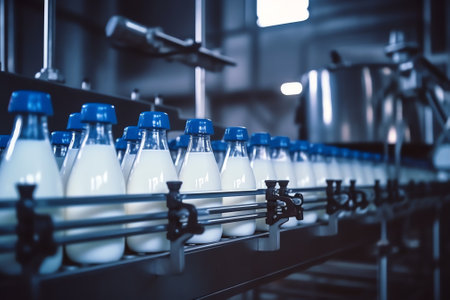 empty plastic bottles on conveyor belt. equipment at the dairy plantの素材