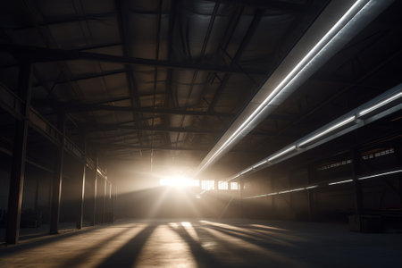 Warehouse with shafts of light pouring through roofの素材