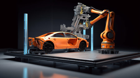 robot assembly line in car factory 3d render on whiteの素材