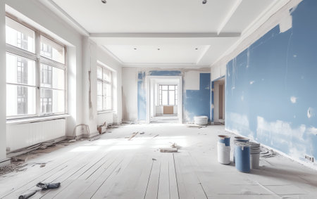 Interior renovation of a residential apartment using drywall without painting. Construction work indoors, renovation process inside the house.の素材
