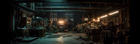 Dark industrial interior of factory in Chernobyl angle shotの素材