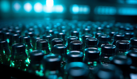 Glass factory, industrial production of glass containers. A lot of empty glass bottles as a background of green glass containers with copy space. Bottles for drinks. Technologicalの素材