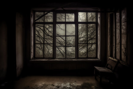 Spider web in old dirty factory window.の素材