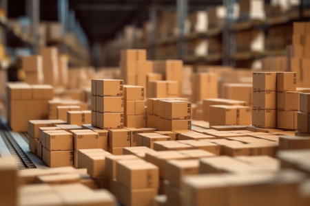 Boxes on racks in a warehouse of goods close-up. High quality photoの素材