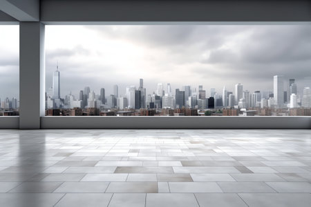 Empty concrete floor and gray wall. 3d rendering of city park with clear sky background.の素材