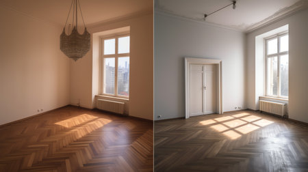 Unfinished building interior white room repairs in the apartment preparing in the roomrenovation concept - room before and after renovationの素材