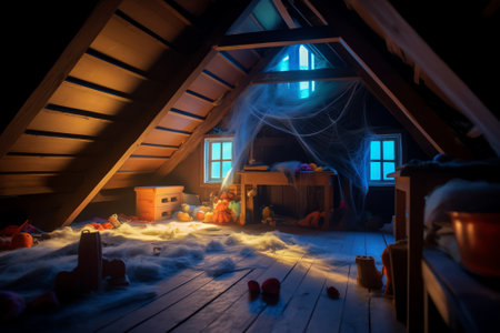Attic room with clothesline, wooden trim and junk on the floorの素材