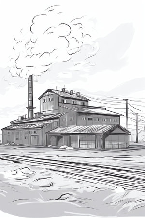 Black and white of Old factory buildings on blue sky backgroundの素材