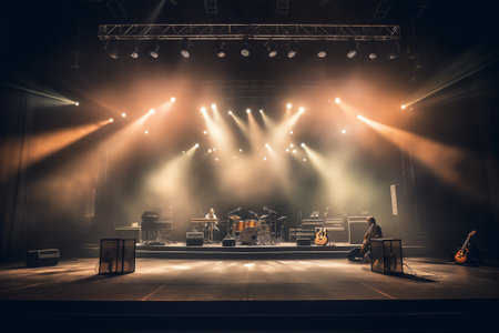 Stage equipment for a concert. Cropped view of the concert stage before a music performance. Portable PA Systemsの素材