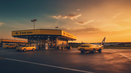 Airport with many airplanes at beautiful sunsetの素材