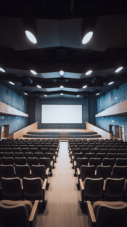 Empty chairs in the assembly hall are arranged in rows, top viewの素材