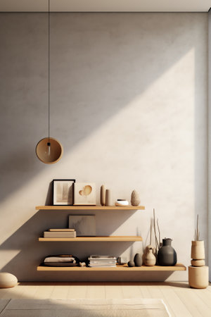 Grey stone wall interior room with wooden decor, bookshelf, sofa and vase of plant, middle table, carpet, home decoration.の素材