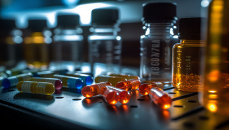 Close view of trays with different test tubes in medical laboratoryの素材