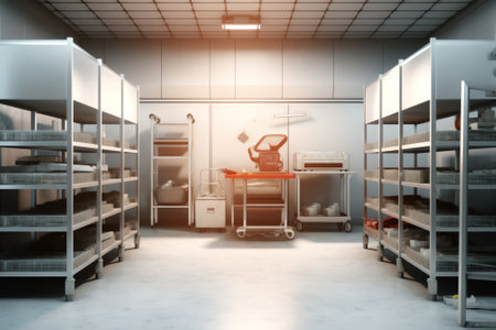 Refrigeration technologies. Industrial freezer. Gate to empty refrigerator. Interior of cold store in factory. Refrigerator for factory warehouse. Modern freezing equipment. 3d imaの素材