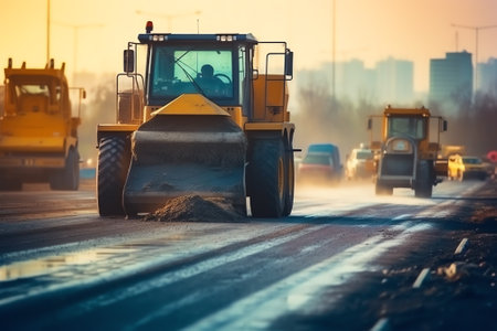 Laying a new asphalt on the road in Czech Republic. Construction of the road. Reconstruction of the road. Empty construction site.の素材
