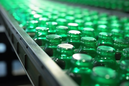 Beverage factory interior. Conveyor flowing with bottles green for water.の素材