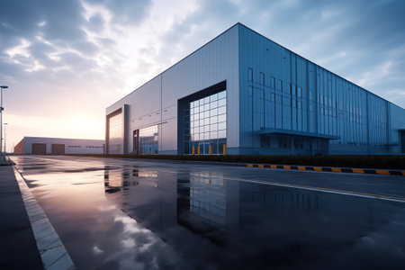 Industrial hangars. Manufacturer construction with blue sky. Hangars of industrial buildings with illumination. Industrial area with identical hangars. Simple buildings on factoryの素材