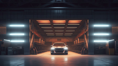 Warehouse empty dark car showroom 3D renderingの素材