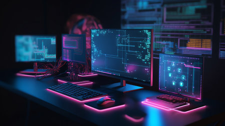 Empty electronics with multiple screens to develop artistic modern content, showing gaming software on display. Empty programming studio running infographics interface on computersの素材