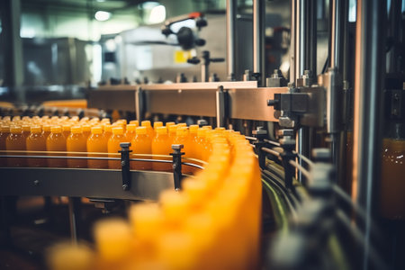 Orange Juice Bottles transfer on Conveyor Belt Systemの素材
