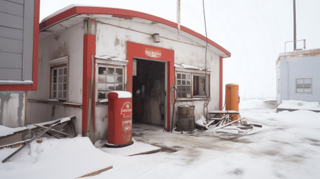 Abandoned metal storage building sitting on snow covered lot.の素材