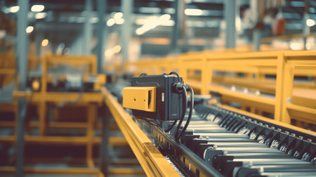 An empty production line conveyor belt at an equipment assembly plant. Toned image.の素材