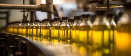 Vegetable Oil Bottles transfer on Conveyor Belt Systemの素材