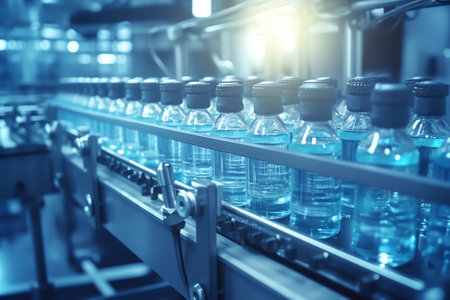 The PET bottles in the rail on the conveyor belt for filling process in the drinking water factory. The drinking water factory production process by automatic filling machine in thの素材