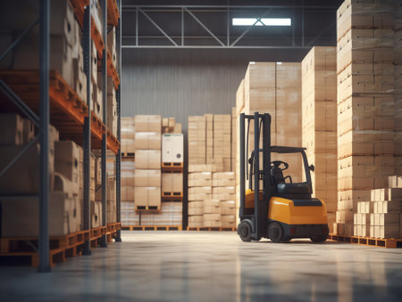 warehouse interior with paper boxes and worker with forklift in blue vintage color toneの素材